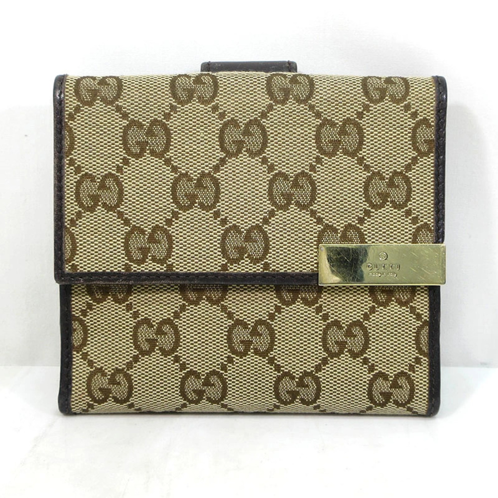 Gucci GG Canvas Metal Plate Double Snap Bi fold Wallet Beige Cream x Brown
